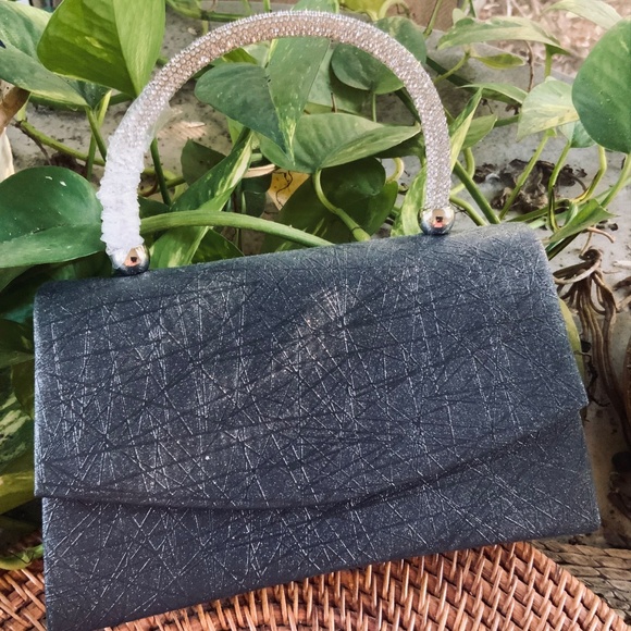 Evening Bag BLACK  🩷SPARKLING CRYSTAL JEWELED HANDLE NWOT HANDBAG ⭐️RETRO VIBE - Picture 1 of 12